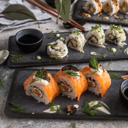 Rezept für unsere Top 3 Sushi-Rollen mit Frischkäse. Gefüllt mit Lachs & Gurke, Hering & Apfel und Omelette und Ruccola. Unsere Qual der Wahl.